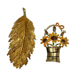 Vintage Brooch 2 Gold Tone Leaf, Flower Basket Estate Jewelry Mid Century